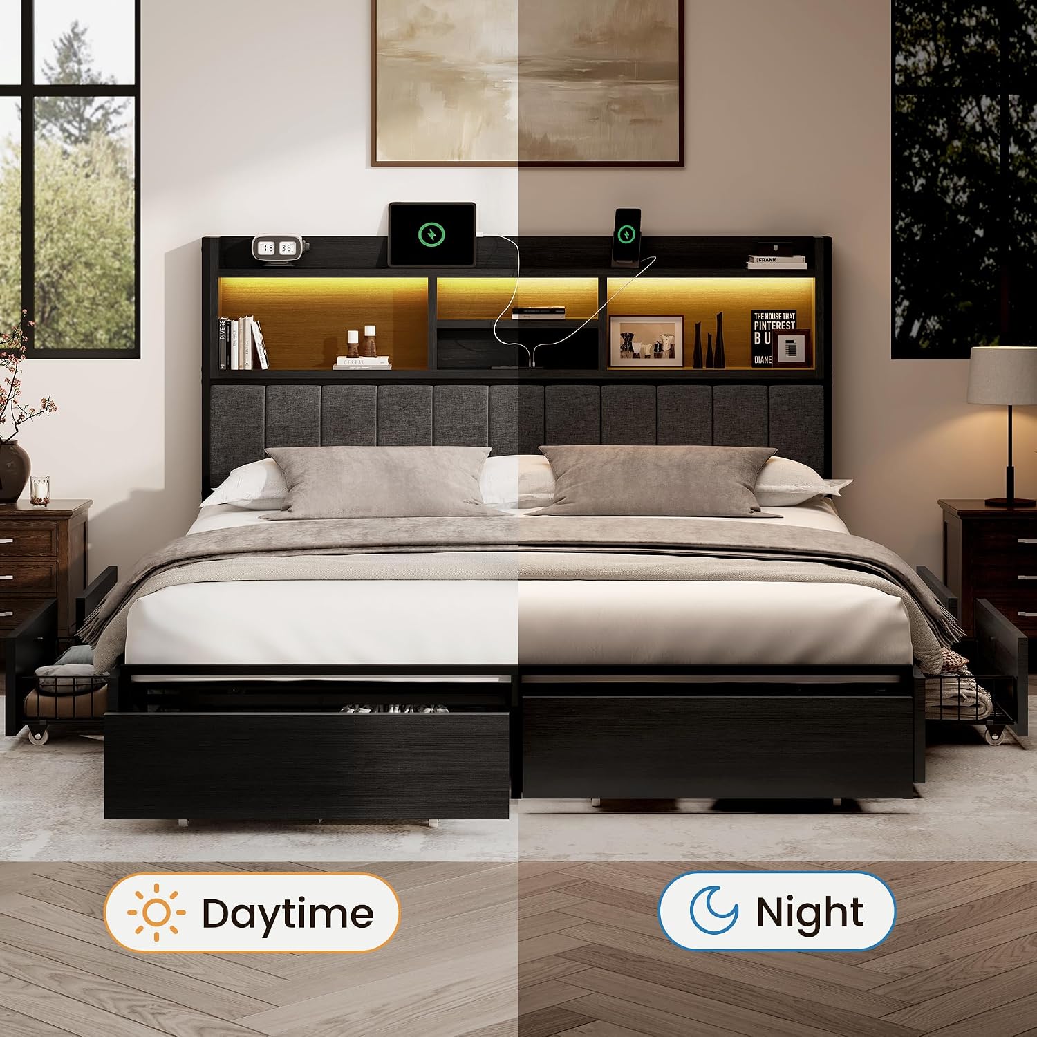 BRELTAM King Bed Frame with 6 Storage Drawers, Linen Upholstered Headboard, Built-in USB Charging Station & LED Lighting, Silent Metal Support, No Box Spring Needed, Vintage Black