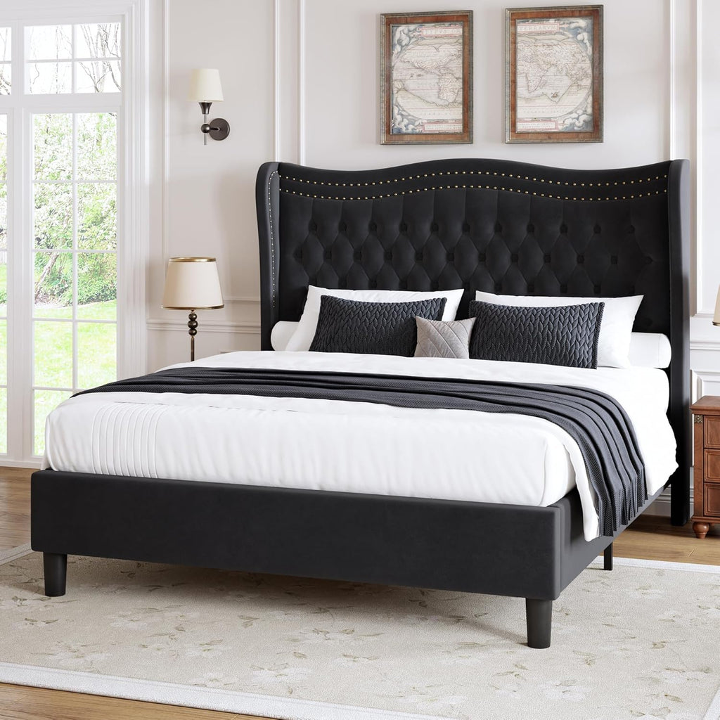 Upholstered Queen Size Bed Frame with Tall Headboard, Velvet Wingback Platform Bed Frame with Deep Button Tufted, No Box Spring Needed, Noise Free, Black