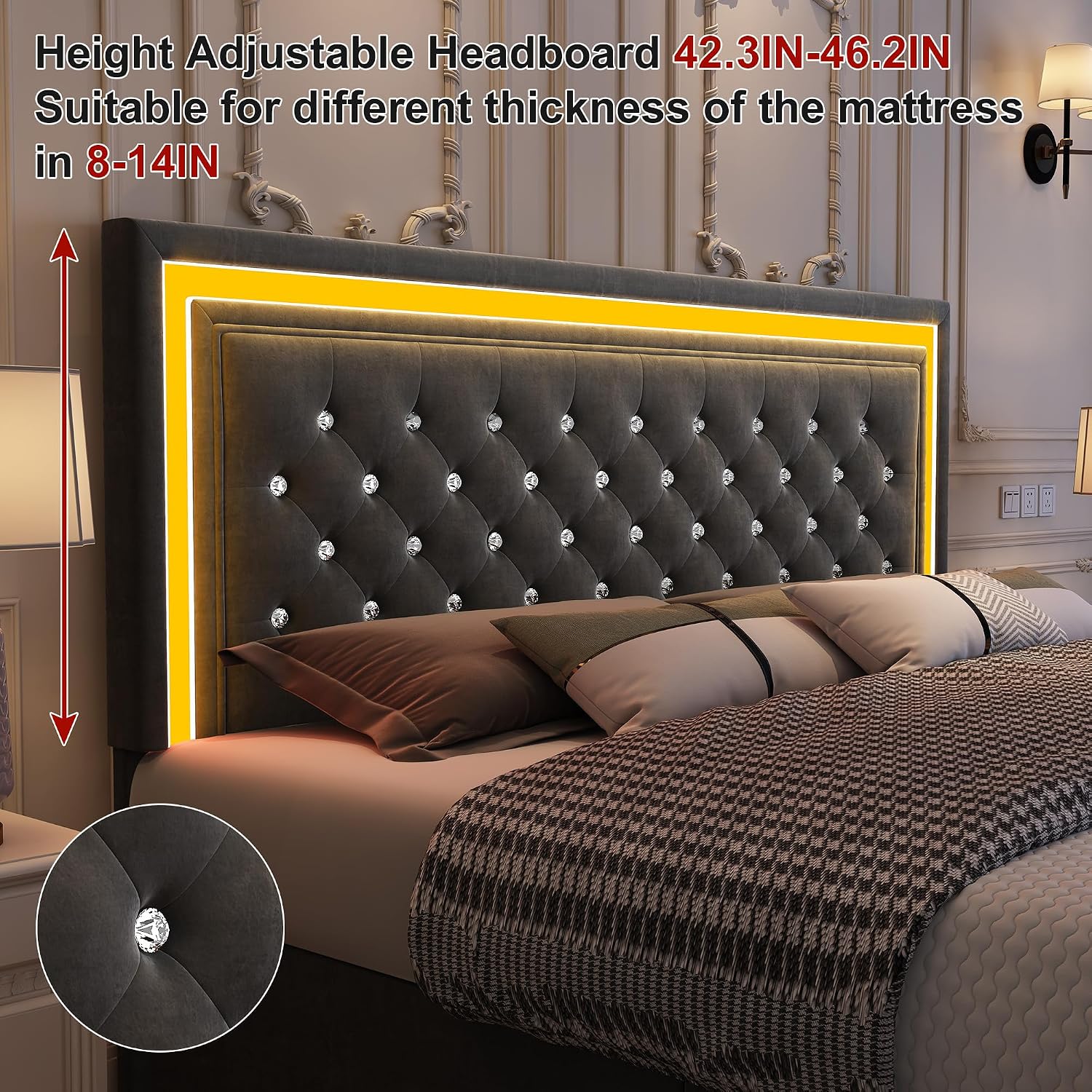 GEGOFORU Full Bed Frame with LED Lights, Storage Drawers, No Box Spring Needed, 900 lbs Capacity, Easy Assembly, Velvet Grey