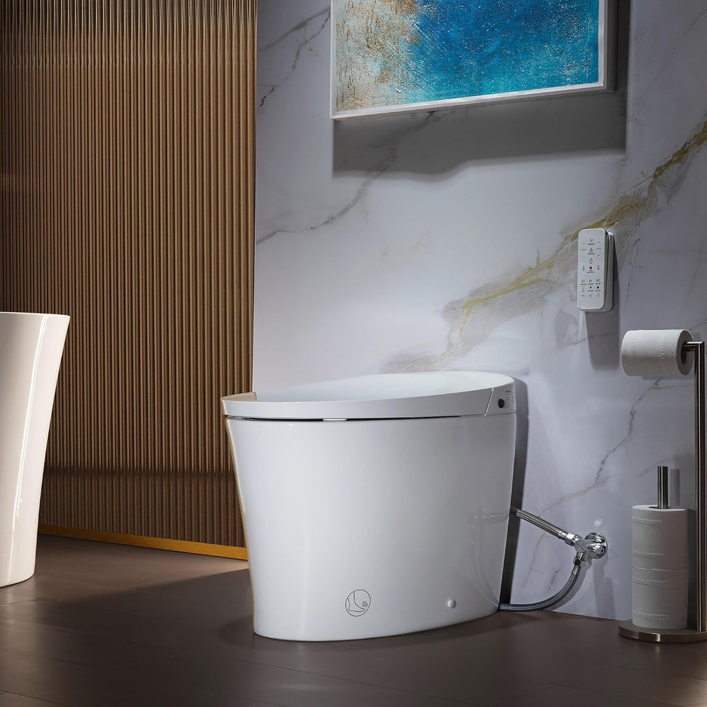 WOODBRIDGE Smart Toilet, Auto Open & Close, Auto Flush, Foot Sensor Operation, Heated Seat and Integrated Multi Function Remote Control in White