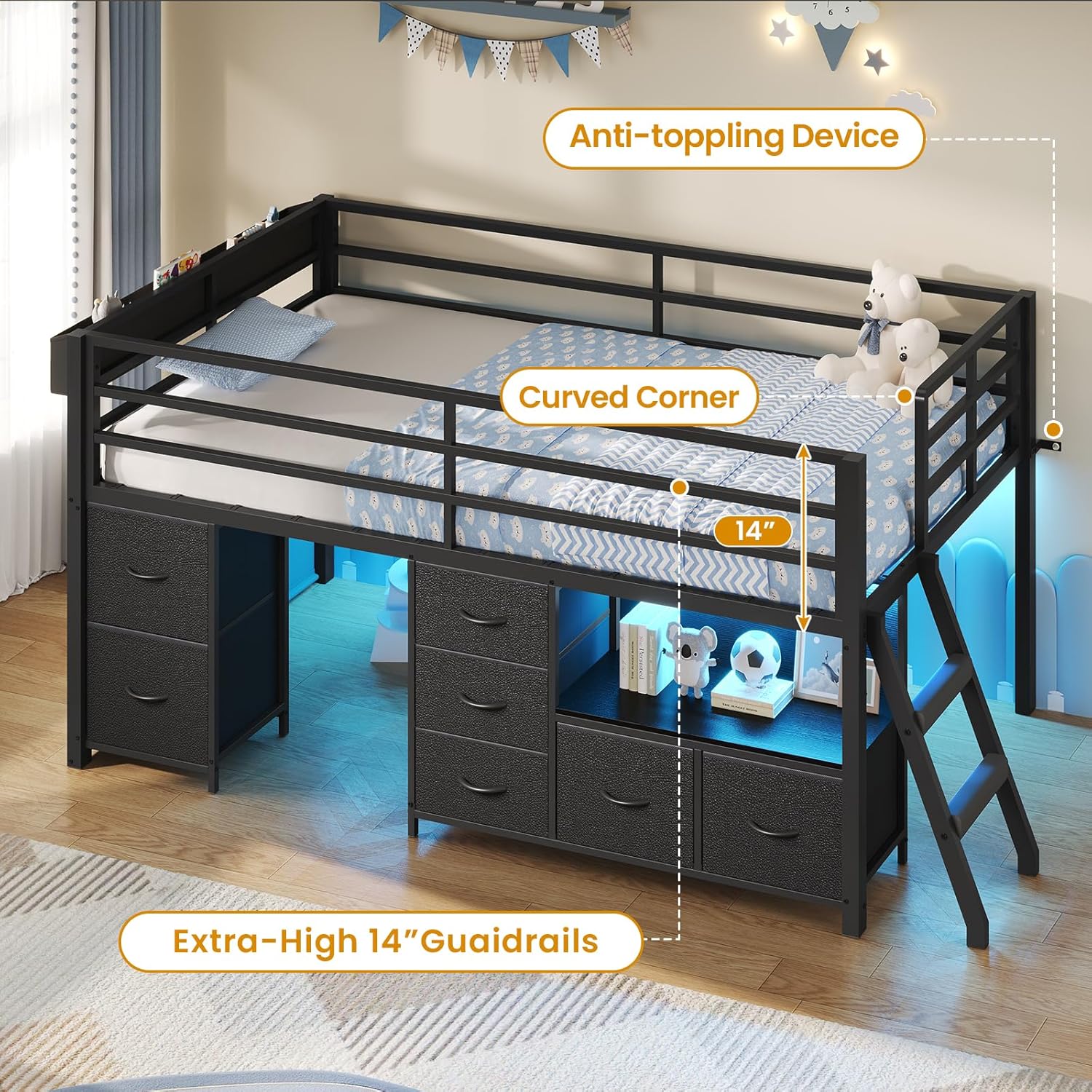 ADORNEVE Low Loft Bed Twin Size with 7 Storage Drawers, Bookcase and LED Lights, Metal Kids Loft Bed with 14' H Safety Guardrail,Inclined Ladder and Play Curtain, Under-Bed Play Space, Black