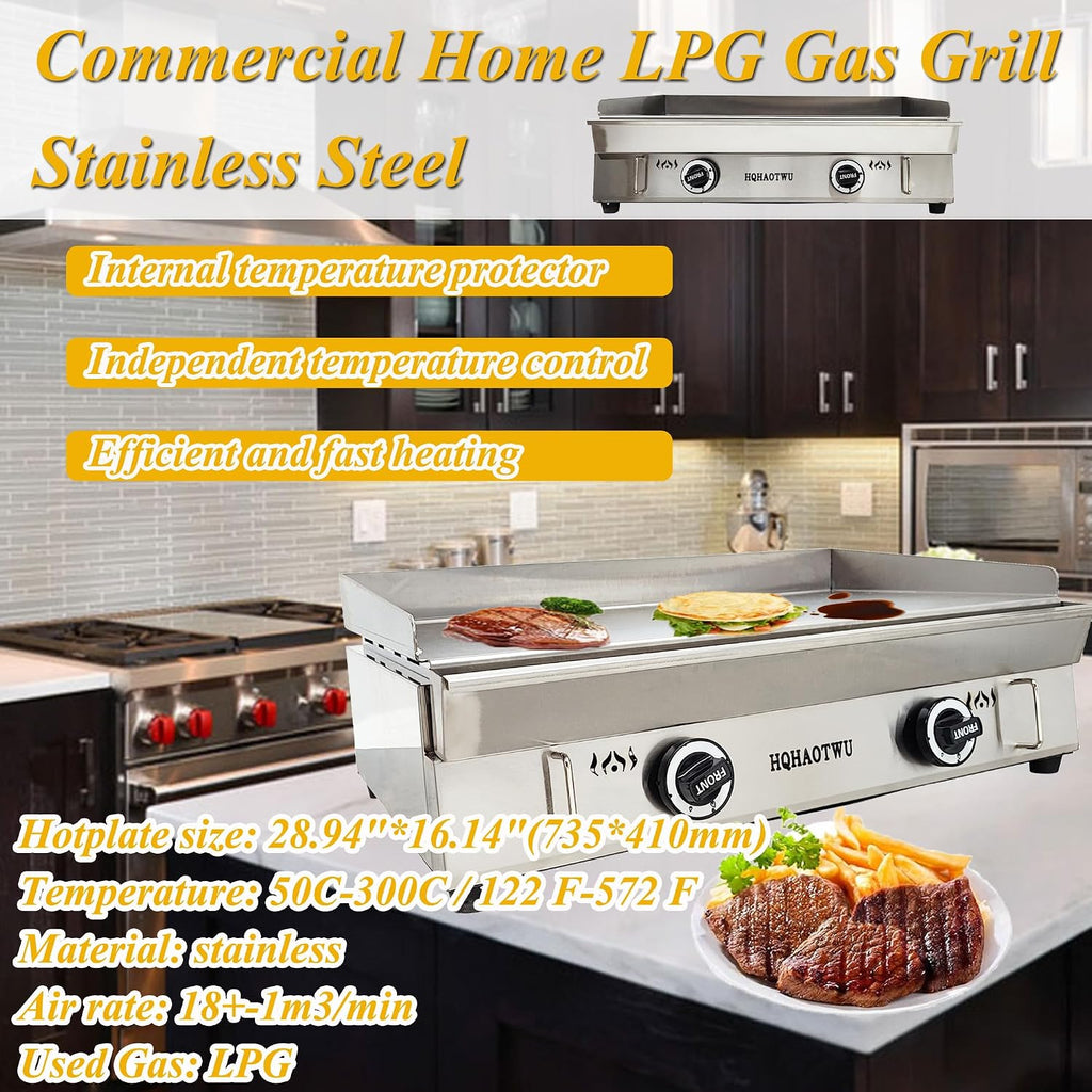 LPG Gas Griddle - Camp Countertop Flat Cooking Griddle with Temperature Control - 2800Pa Top Grill Hot Plate Stove - 2 Burner Outdoor Kitchen - Stainless Steel Grill BBQ Plate