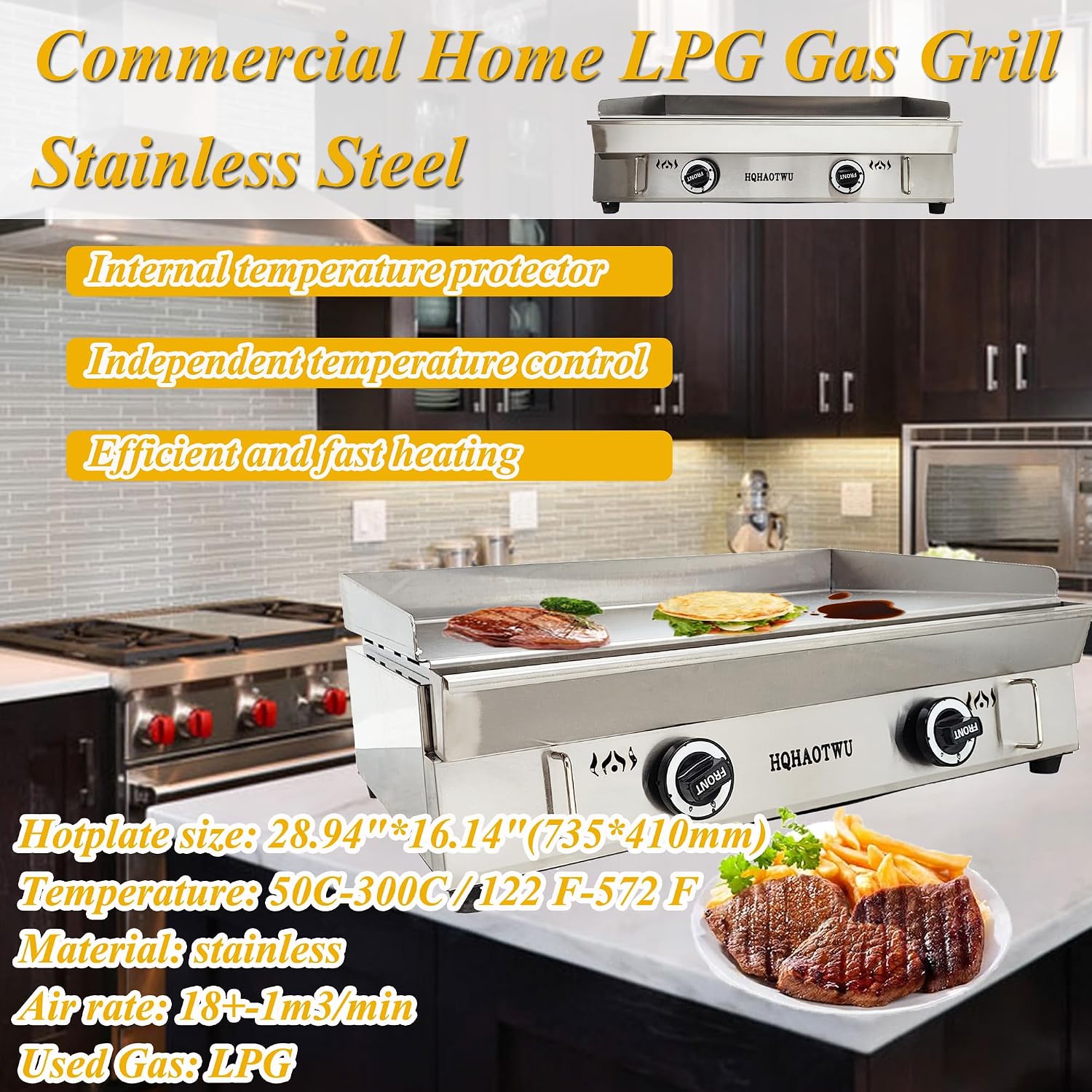 LPG Gas Griddle - Camp Countertop Flat Cooking Griddle with Temperature Control - 2800Pa Top Grill Hot Plate Stove - 2 Burner Outdoor Kitchen - Stainless Steel Grill BBQ Plate