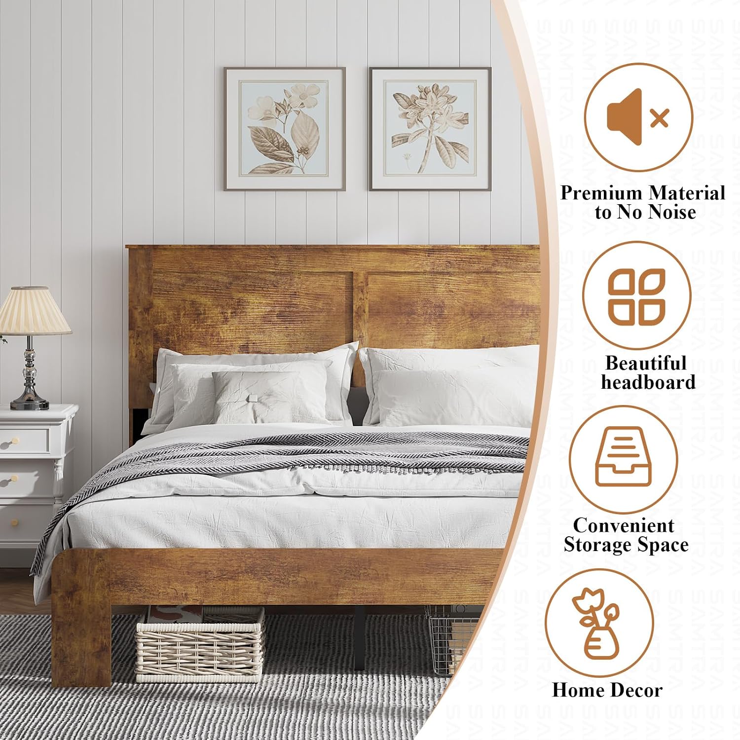 Wooden Bed Frame Queen Size with Headboard, Farmhouse Platform Bedframe with Metal Slat Support, Sturdy Framework Bed Frame, Easy Assembly (Rustic Brown)