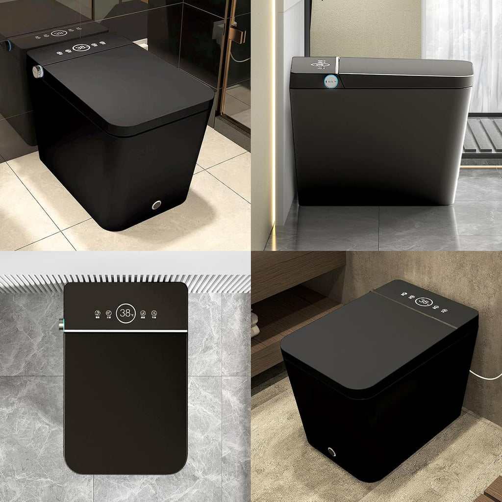 Black Square Luxury Smart Bidet Toilet with Remote Control, Tankless Design, Foot-Sensing Lid Operation, Auto Flush & Closing, Heated Seat & Warm Air Dryer, Unique Fashionable Shape