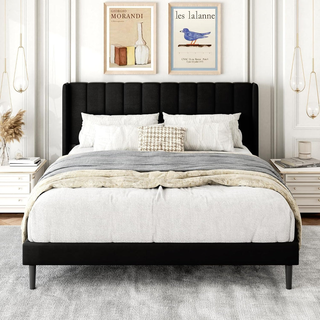Gruwans Queen Size Bed Frame with Upholstered Wingback Headboard, Easy Assemnly Platform Bed, Wooden Slat Support No Box Spring Needed, Black Velvet