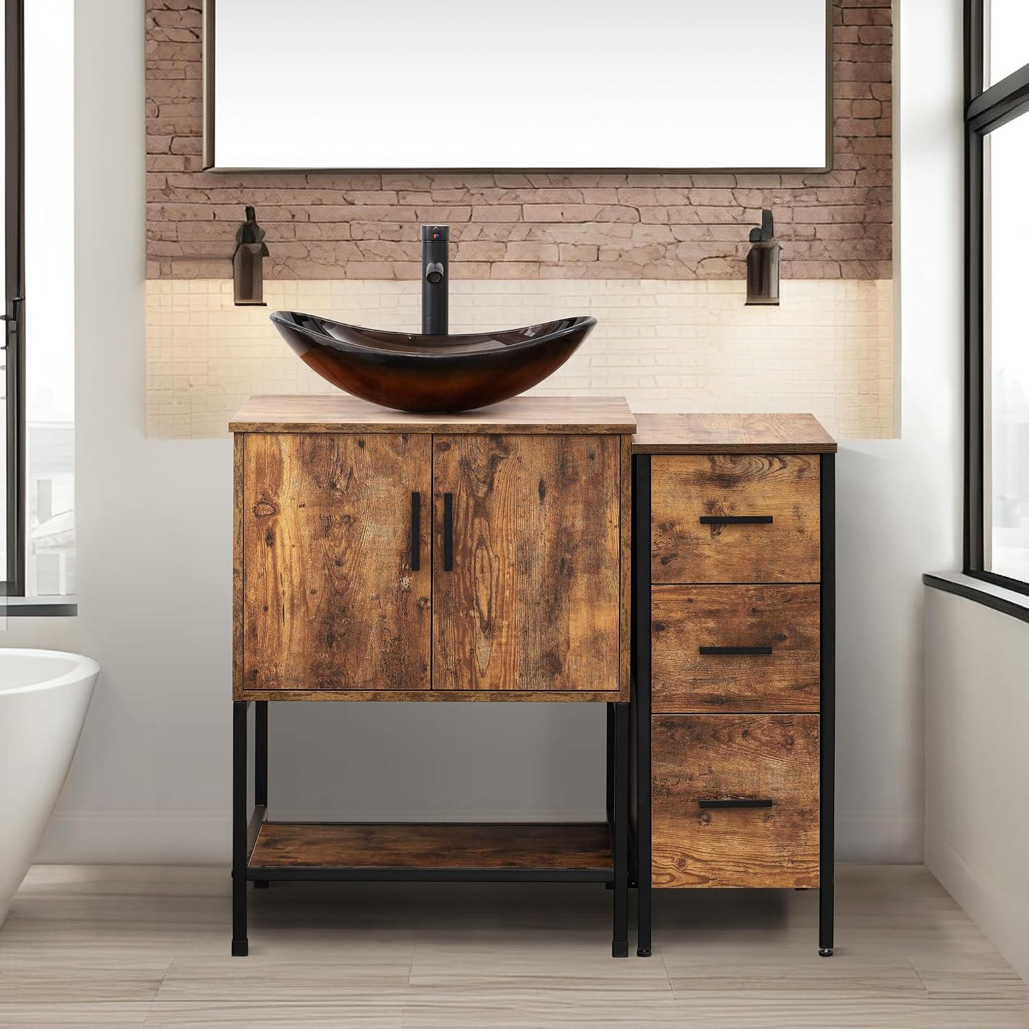 UEV 36' Rustic Brown Bathroom Vanity with Sink Combo,Industrial Iron Frame Bathroom Cabinet Sets with 3 Drawers Side Cabinet,Modern Brown Boat Tempered Glass Vessel Sink(029BR)