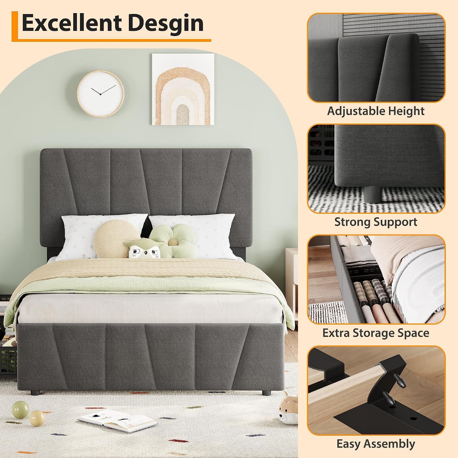Twin Size Bed Frame with Upholstered Headboard & 2 Storage Drawers with Wheels, Platform Bed Frame with Wooden Slat Support, Adjustable Headboard, No Box Spring Needed, Noise-Free, for Bedroom