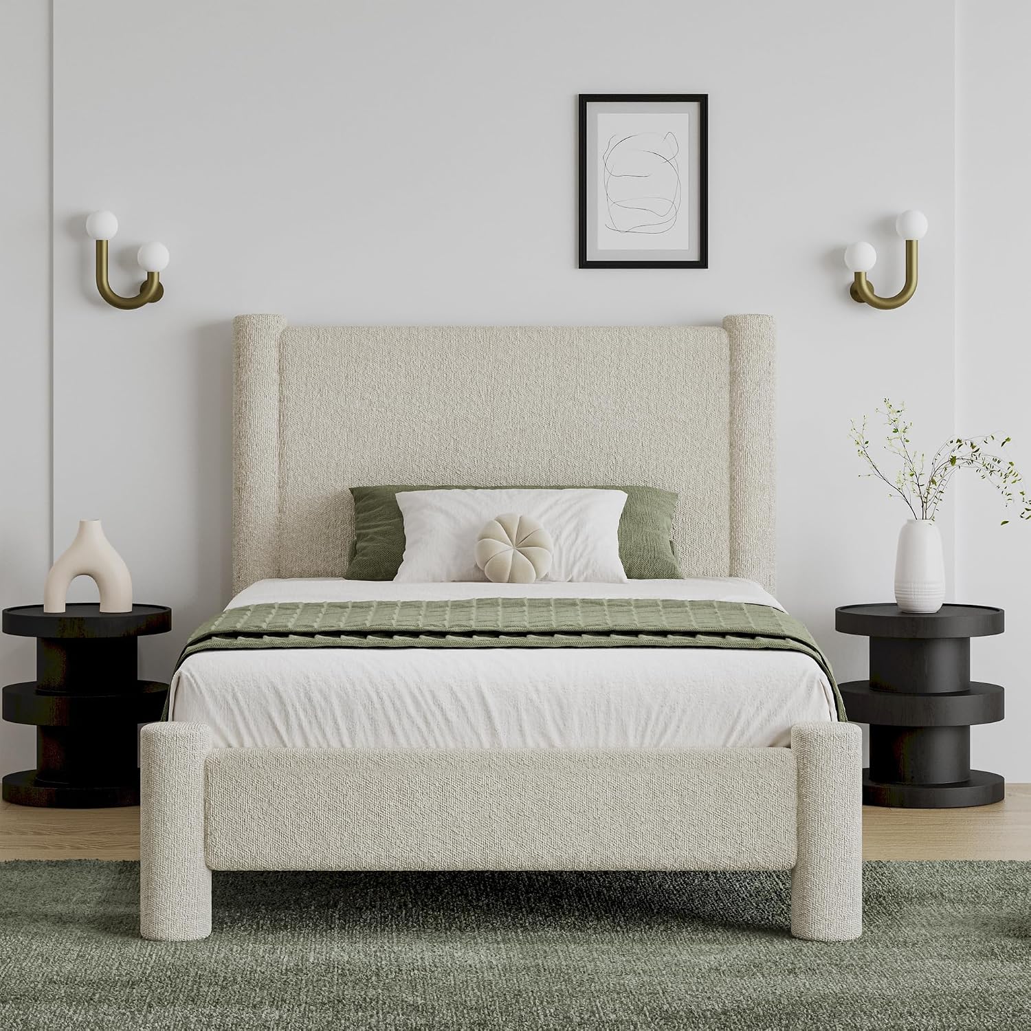 REVOMINCA Twin Size Bed Frame, Boucle Upholstered Platform Bed with Headboard and Footboard, Soft Rounded Corners, No Box Spring Required, Easy Assembly, Cream