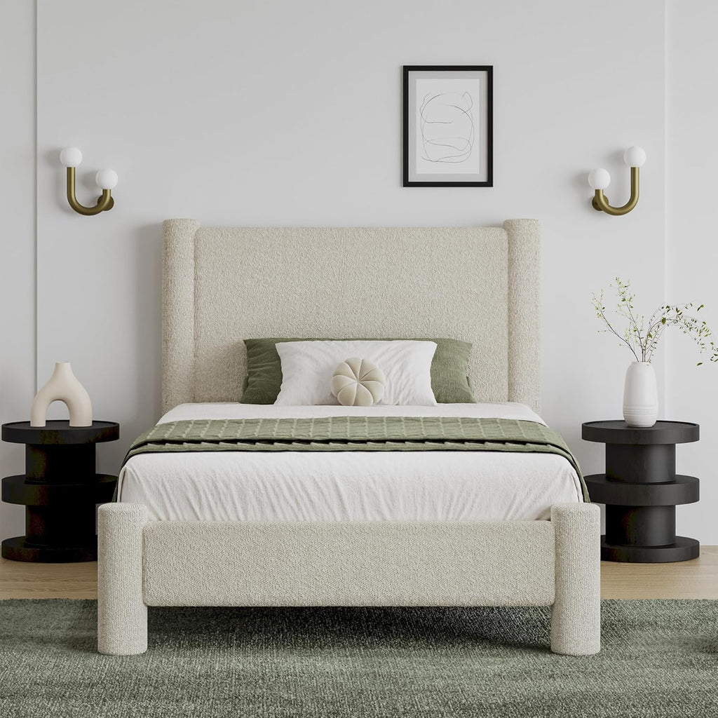 REVOMINCA Twin Size Bed Frame, Boucle Upholstered Platform Bed with Headboard and Footboard, Soft Rounded Corners, No Box Spring Required, Easy Assembly, Cream