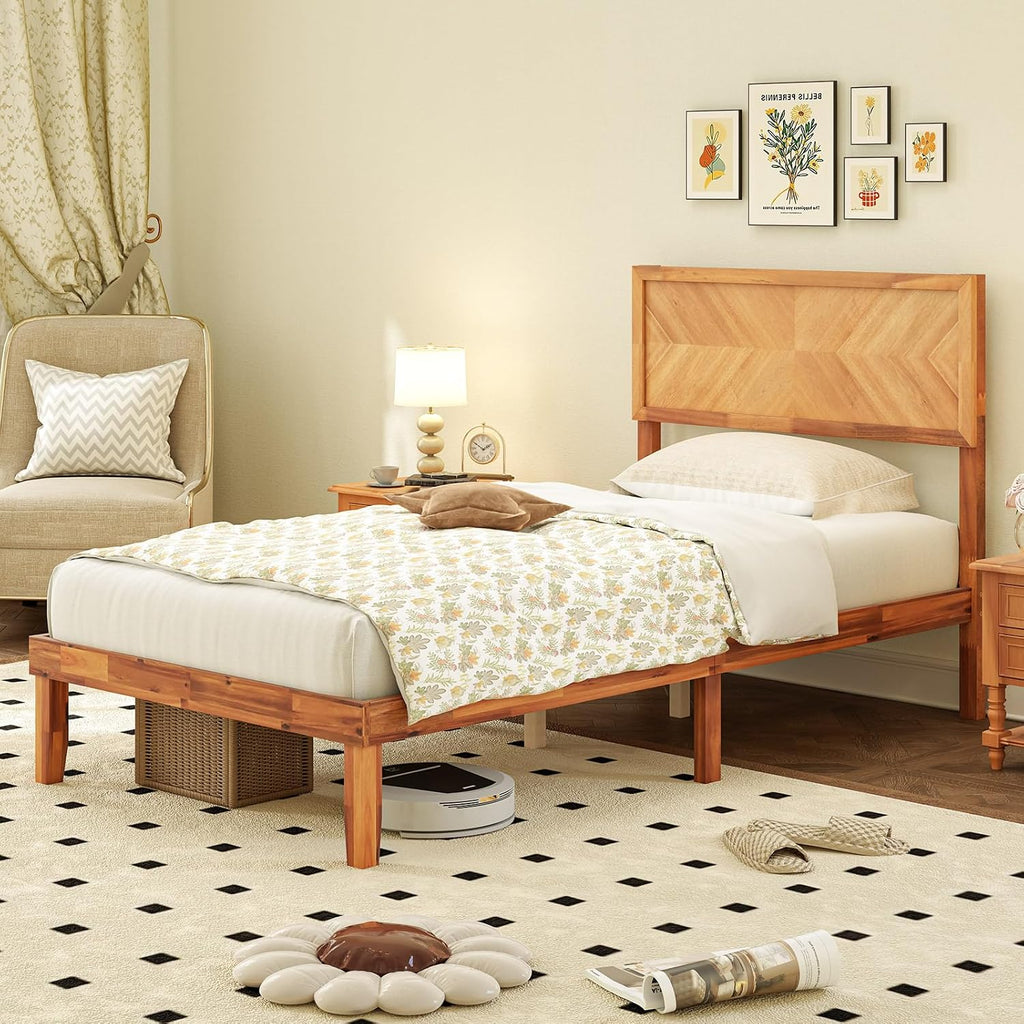 Giantex Wood Twin Bed Frames with Headboard, Solid Acacia Wood Platform Bed with 12 Strong Wooden Slat Support, Scandinavian Style Art Deco Twin Size Bed Frame, No Box Spring Needed, Rustic Brown