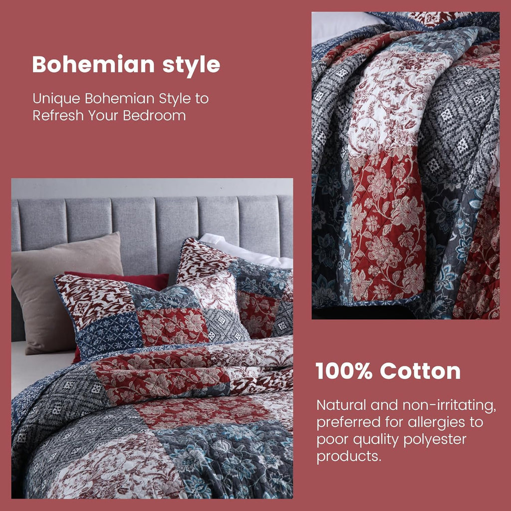 Secgo King Size Comforter Set- 100% Cotton Quilt King Size Set, Burgundy bedspreads (96 * 108 Inch) with 2 Pillow Shams, Patchwork Reversible Lightweight Bedding