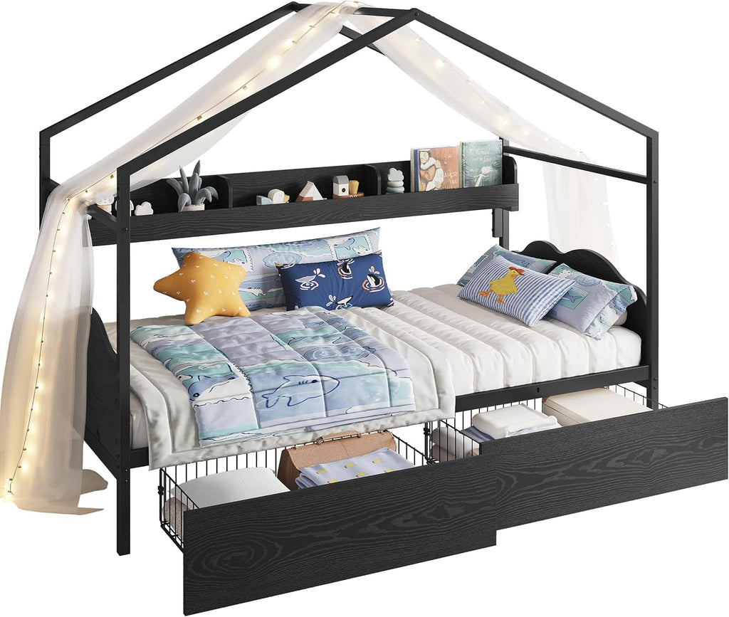 LIKIMIO Twin Bed Frame with 2 Storage Drawers, DIY House Bed with Bookshelf & Curved Headboard & Footboard, Twin Corner Bed Frames for Bedroom, No Box Spring Needed, Black