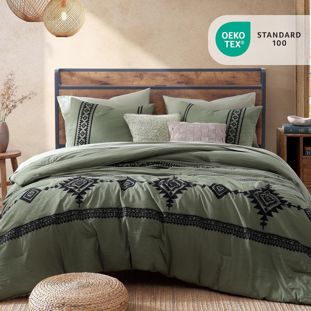 MaiRêve Super King Plus Comforter Set Dark Olive Green, Embroidery Western Boho Bedding Set 7 Pieces, All Season Farmhouse Bed in A Bag Comforter Set with Sheets, Pillowcases & Shams