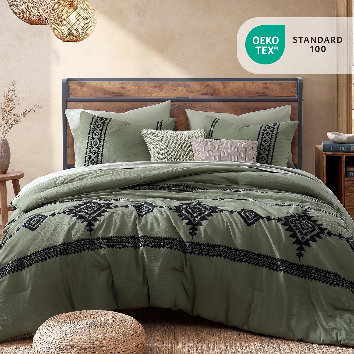 MaiRêve Super King Comforter Set Dark Olive Green, Embroidery Western Boho Bedding Set 7 Pieces, All Season Farmhouse Bed in A Bag Comforter Set with Sheets, Pillowcases & Shams
