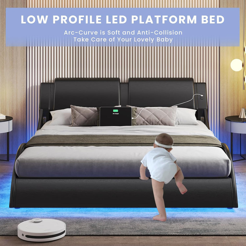 DICTAC Queen Bed Frame with Led Lights and Charging Ports Modern Upholstered Queen Size Platform Bed with Headboard Faux Leather Wave Like Curve Low Profile Platform Bed Frame,Wood Slats Support,Black