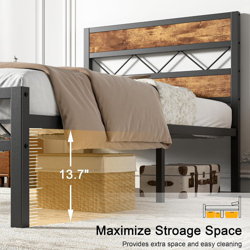 VECELO 2 Twin Bed Frame Set Metal Platform with Wooden Headboard, Heavy-Duty Metal Slats Support, No Box Spring Needed, Non-Slip, Noise Free, Easy Assembly, Black & Brown