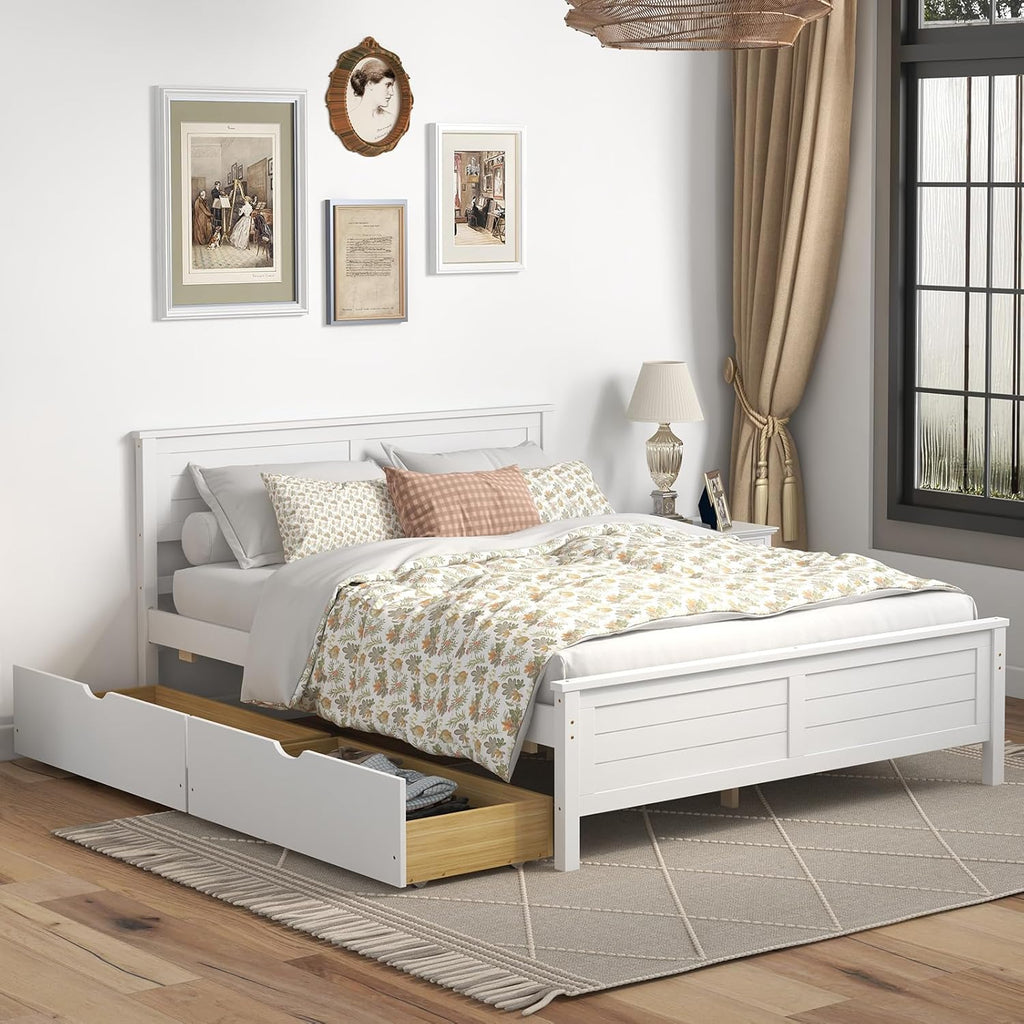 GOFLAME Full Size Bed Frame with 2 Drawers, Platform Bed with Solid Wood Headboard & Footboard, Wood Slats Support Mattress Foundation, Under Bed Storage, No Box Spring Needed, Easy Assembly, White