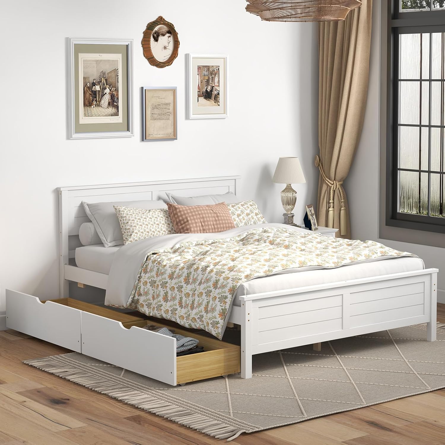 GOFLAME Full Size Bed Frame with 2 Drawers, Platform Bed with Solid Wood Headboard & Footboard, Wood Slats Support Mattress Foundation, Under Bed Storage, No Box Spring Needed, Easy Assembly, White