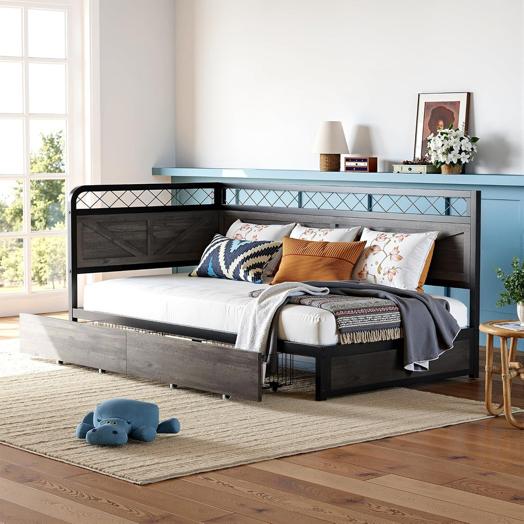 ANCTOR Twin Corner Bed Frame with Storage Drawers, Daybed with LED Lights and Charging Station, No Box Spring Needed, Heavy Duty, Easy Assembly for Living Room, Bedroom and Guest Room, Grey