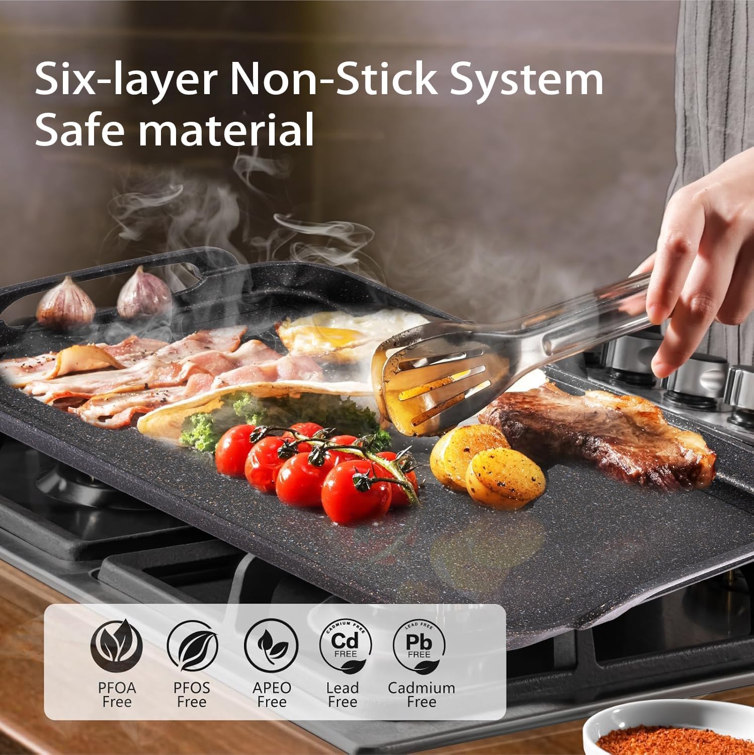Marble Nonstick Double Griddle for all Stove Tops, 19 x 11.5, Cast Aluminum, Flat Surface - Pink Handles