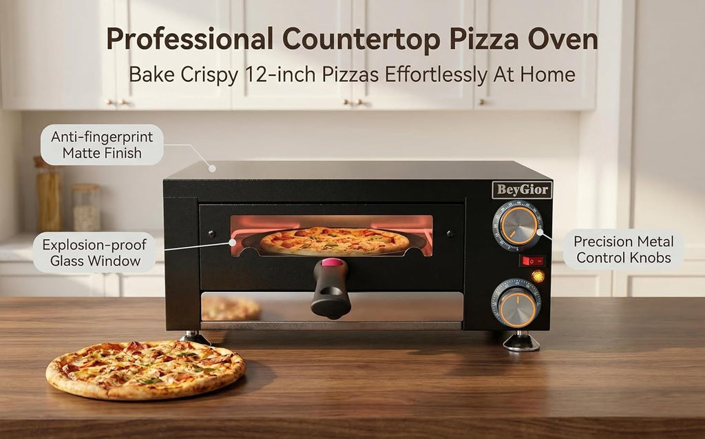 Electric Pizza Oven Indoor,12 inch Countertop Pizza Maker with Viewing Window,Stainless Steel Commercial Pizza Oven, Removable Handle,Dual Baking Trays and Oven Mitts