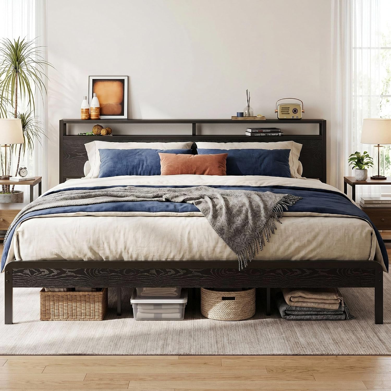LIKIMIO California King Bed Frame with Headboard, Dark Wood Camas California King with Strong Supports, Sturdy, Noise-Free, No Box Spring Needed, Black