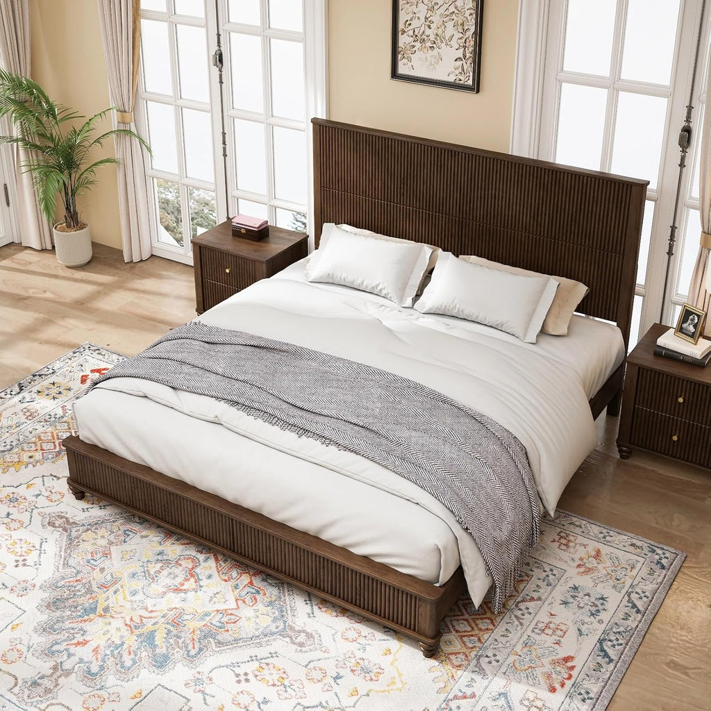 Wood King Size Bed Frame,King Size Platform Bed with Headboard, Tall Walnut Finish, No Box Spring Needed, Durable Slat Support for Memory Foam Mattresses, Elegant Design (Walnut, King)