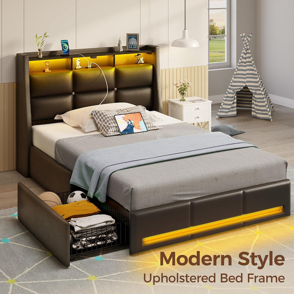 Rolanstar Twin Size Bed Frame with LED Lights and Charging Station, PU Leather Bed Storage Headboard & Drawers, Heavy Duty Wood Slats, Easy Assembly, Black