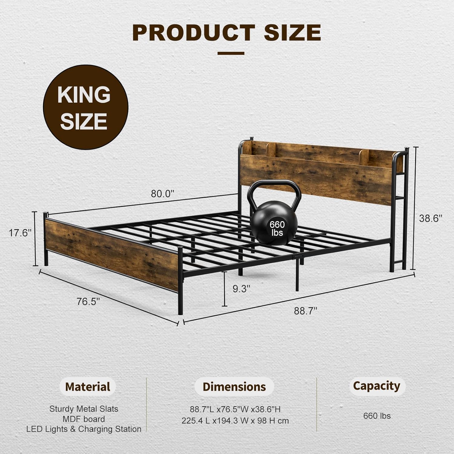 IKIFLY King Size Bed Frame with Storage Shelf Headboard & Charging Station, Industrial Metal King Platform Bed with LED Lights, Strong Metal Slats Support, No Box Spring Needed, Rustic Brown