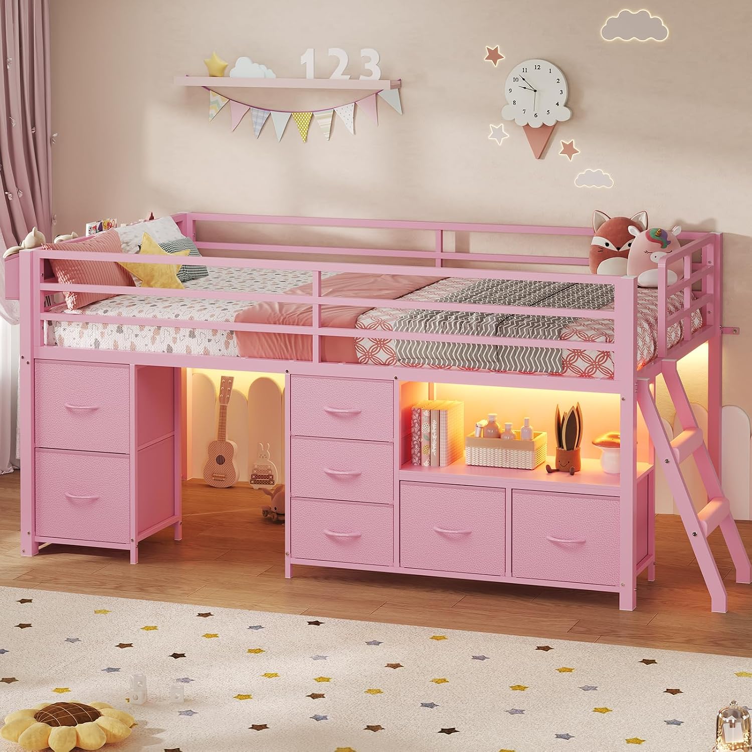 ADORNEVE Low Loft Bed Twin Size with 7 Storage Drawers, Bookcase and LED Lights, Metal Kids Loft Bed with 14' H Safety Guardrail,Inclined Ladder and Play Curtain, Under-Bed Play Space,Pink