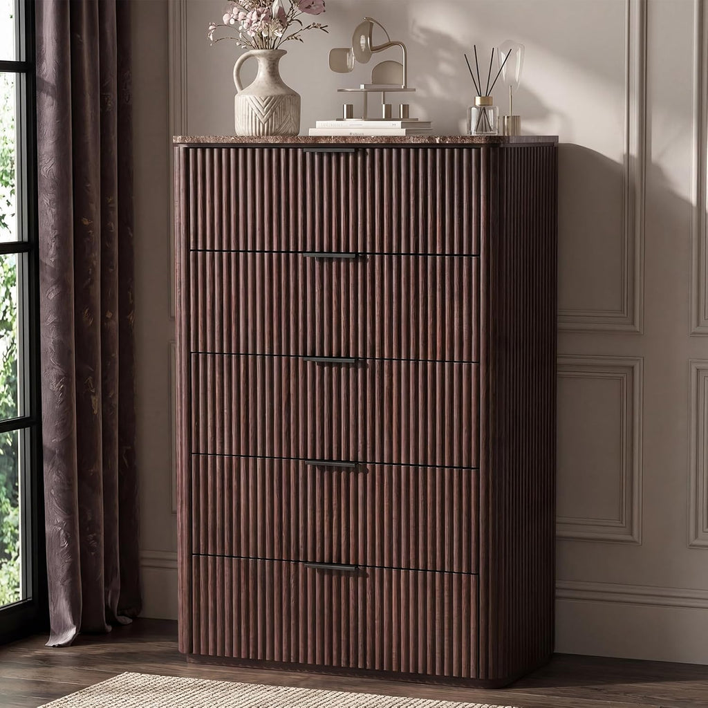 Dresser for Bedroom with 5 Drawers, 46'H Chest of Drawers, Fluted Dresser with Faux Marble Top, Curved Profile Design, Metal Handle, Wood Closet Storage Organizer for Living Room, Hallway, Dark Oak