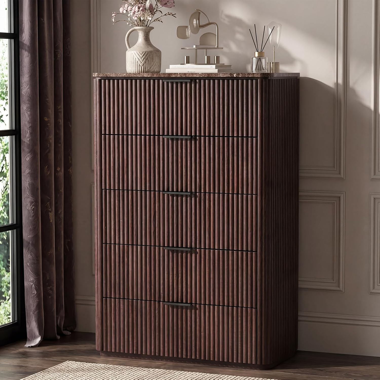 Dresser for Bedroom with 5 Drawers, 46'H Chest of Drawers, Fluted Dresser with Faux Marble Top, Curved Profile Design, Metal Handle, Wood Closet Storage Organizer for Living Room, Hallway, Dark Oak