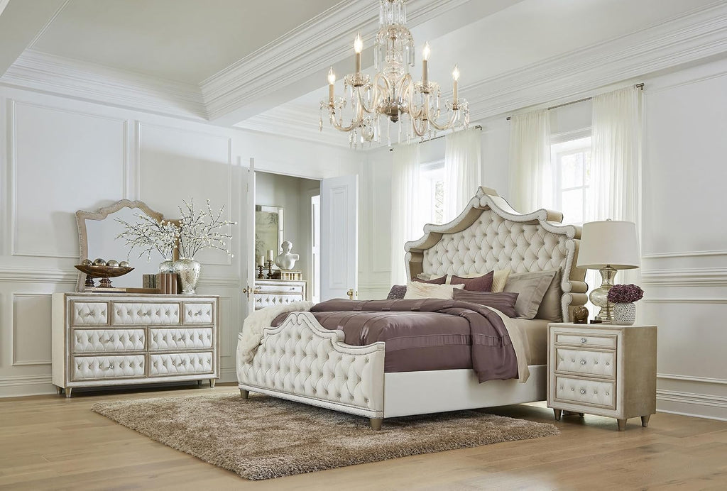 Coaster Home Furnishings Antonella Modern Classic 5-Piece Bedroom Set Velvet Upholstered Eastern King Size Panel Bed Frame 79-inch Headboard Ivory and Camel 223521KE-S5