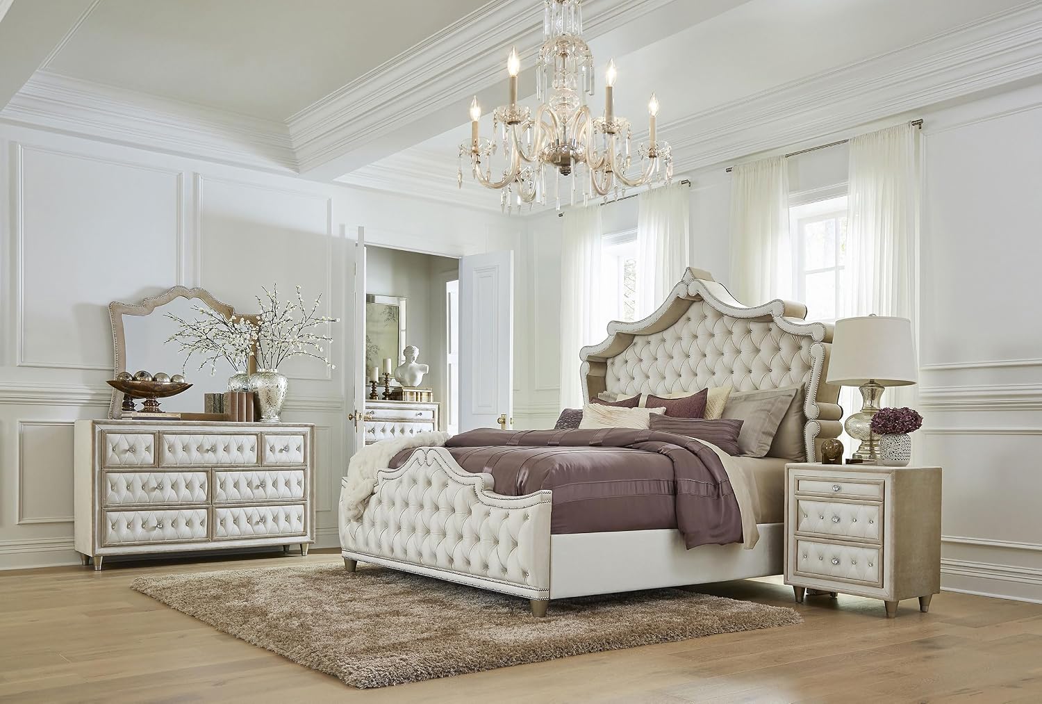 Coaster Home Furnishings Antonella Modern Classic 5-Piece Bedroom Set Velvet Upholstered California King Size Panel Bed Frame 79-inch Headboard Ivory and Camel 223521KW-S5