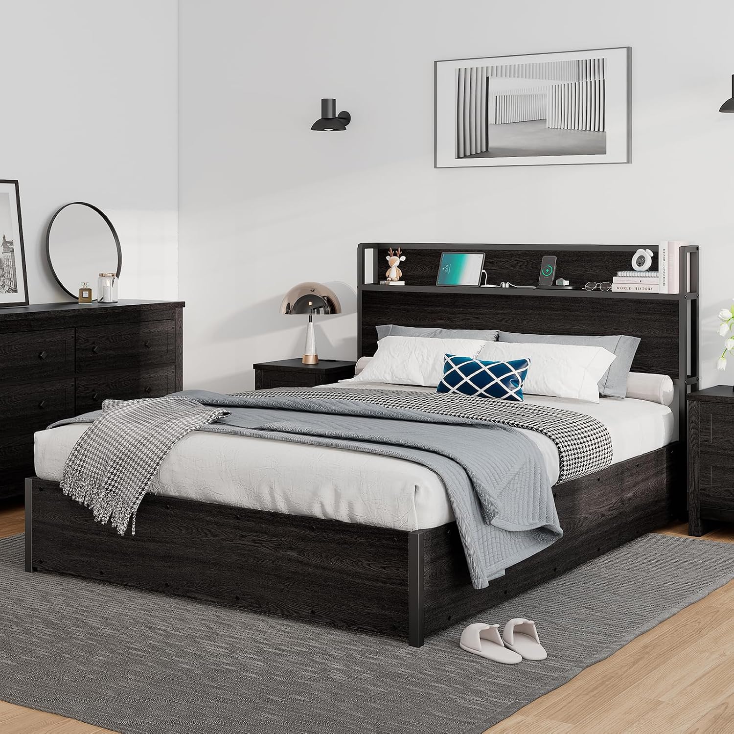LUXOAK King Size Lift Up Storage Bed, Wood Platform Bed Frame with Storage Headboard & Charging Station, No Box Spring Needed, Easy Assembly, Black