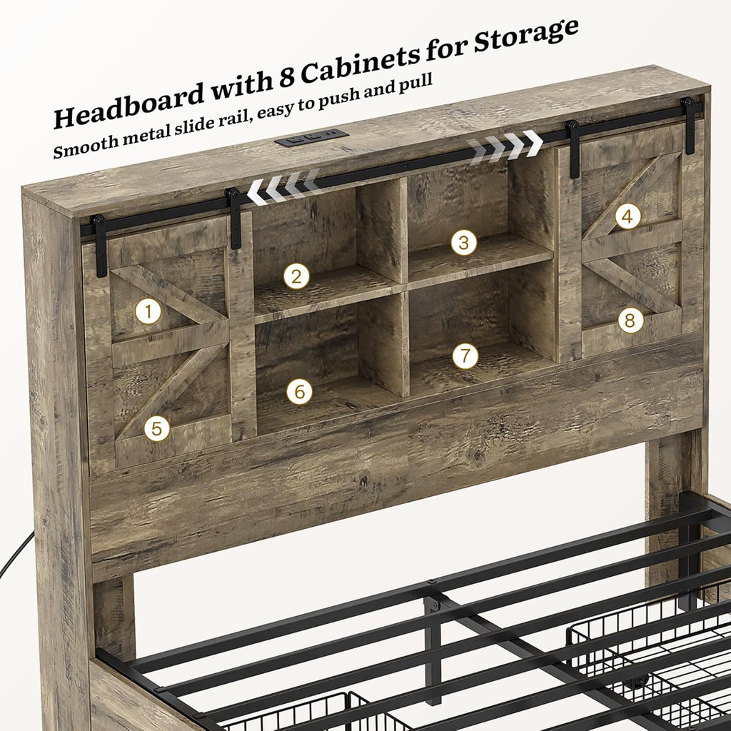 DWVO Farmhouse Queen Size Bed with 50' Tall Storage Bookcase Headboard, Sliding Barn Door, 4 Storage Drawers, RGB LED Bed Frame w/Type-C&USB Charging Station, No Box Spring Needed, Antique Grey