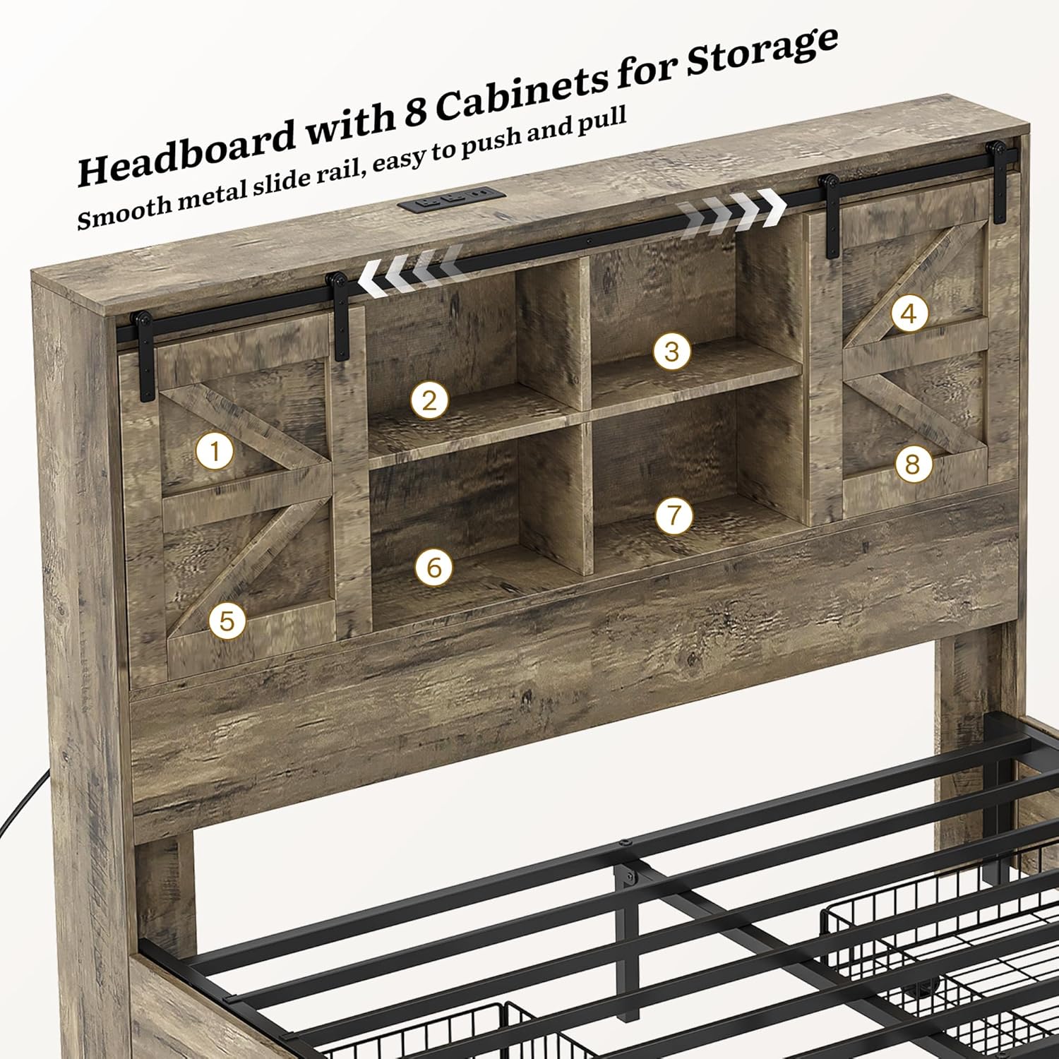 DWVO Farmhouse Queen Size Bed with 50' Tall Storage Bookcase Headboard, Sliding Barn Door, 4 Storage Drawers, RGB LED Bed Frame w/Type-C&USB Charging Station, No Box Spring Needed, Antique Grey