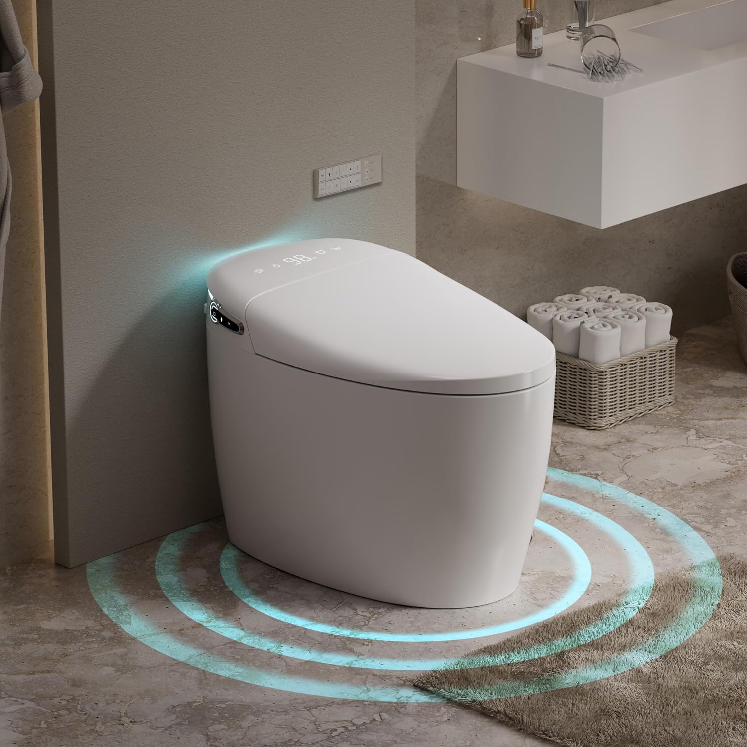Smart Toilet, Auto Open/Close, Auto Flushing Bidet Toilet, Warm Water Sprayer and Dryer, Heated Seat, Elongated Egg Shape Tankless Toilet, 12'' Rough-in