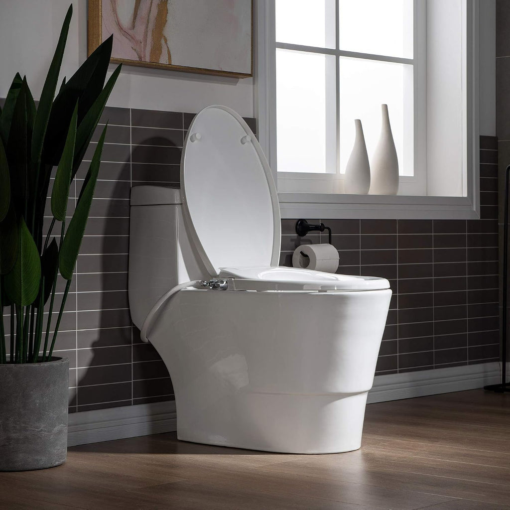 WOODBRIDGE One Piece 1.1GPF/1.6 GPF Dual Flush Elongated Toilet with Non-Electric Bidet Seat in White