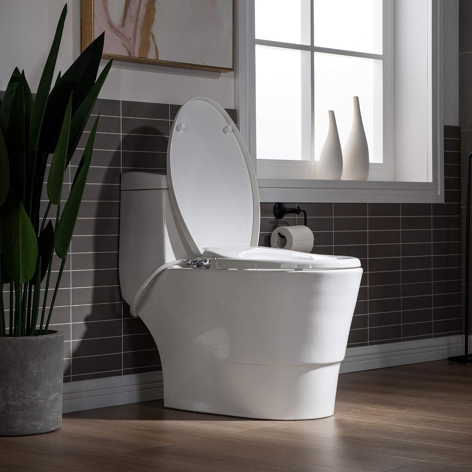 WOODBRIDGE One Piece 1.1GPF/1.6 GPF Dual Flush Elongated Toilet with Non-Electric Bidet Seat in White