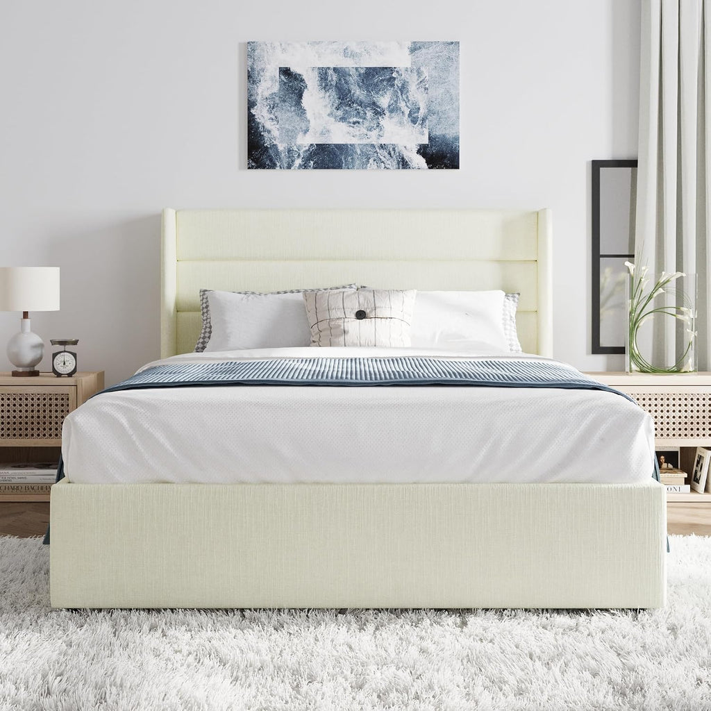 SHA CERLIN Full Size Lift Up Storage Bed/Chenille Fabric Upholstered/Modern Wingback Headboard/Platform Bed Frame/Hydraulic Storage/No Box Spring Needed/Wood Slats Support/Cream