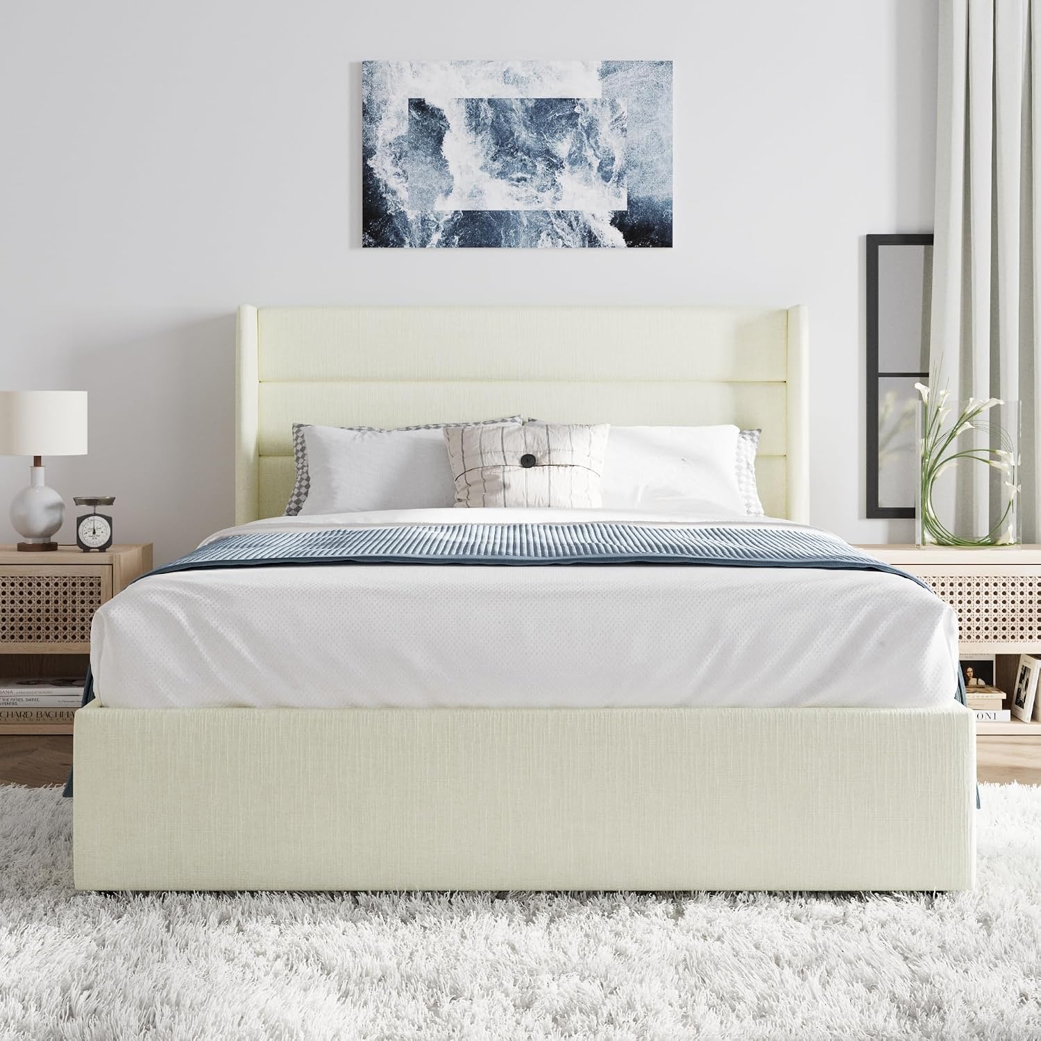 SHA CERLIN Full Size Lift Up Storage Bed/Chenille Fabric Upholstered/Modern Wingback Headboard/Platform Bed Frame/Hydraulic Storage/No Box Spring Needed/Wood Slats Support/Cream
