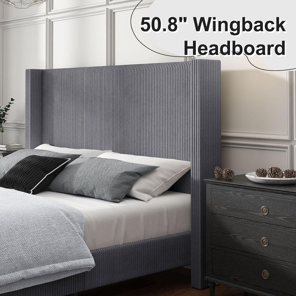 HOWE King Size Bed Frame with 50.8' Tall Wingback Headboard, Modern Corduroy Upholstered Platform Bed Frame with Solid Wood Slats & Legs, No Box Spring Needed, Noise-Reducing Design, Grey