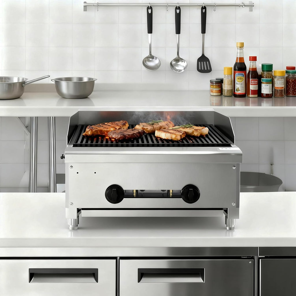 24 Inch Commercial Gas Lava Rock Charbroiler, 2 Burner Stainless Steel Countertop Grill with Durable Cast Iron Grates, BBQ Broiler for Restaurants, Natural Gas/Propane, 56000 BTU