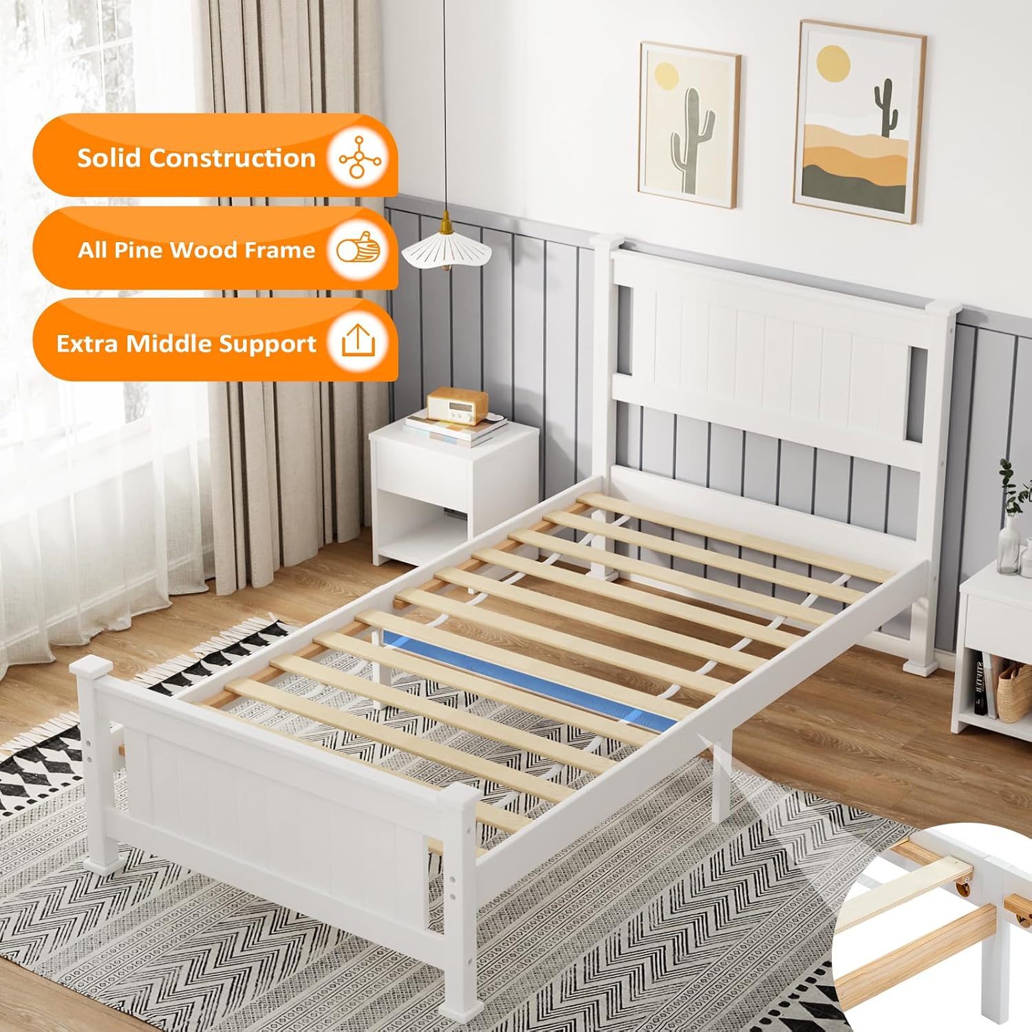 VINGLI Twin Bed Frame Set of 2 Solid Wood Platform Bed Frame, Single Bed with Headboard, No Box Spring Needed Panel Bed, Wood Slat Support Mattress Foundation, White