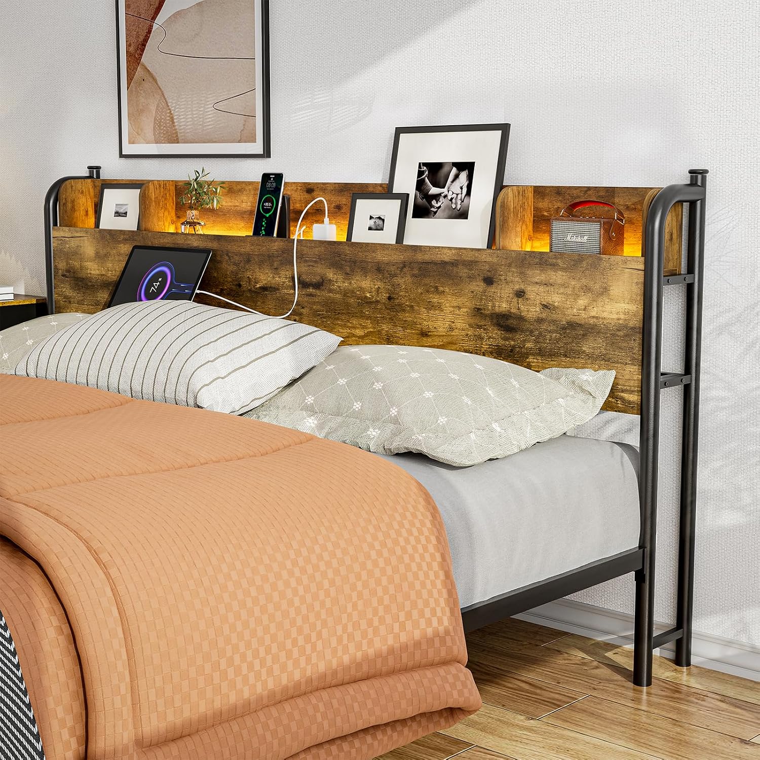 IKIFLY King Size Bed Frame with Storage Shelf Headboard & Charging Station, Industrial Metal King Platform Bed with LED Lights, Strong Metal Slats Support, No Box Spring Needed, Rustic Brown