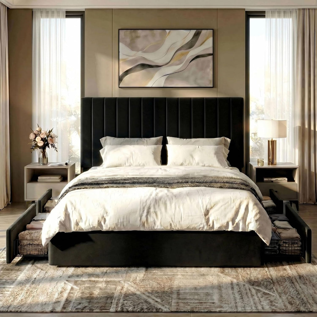 SHA CERLIN King Size Platform Bed Frame with 4 Storage Drawers, Vertical Channel Tufted Adjustable Headboard, Velvet Upholstered, Wooden Slats Support, No Box Spring Needed, Easy Assembly, Black