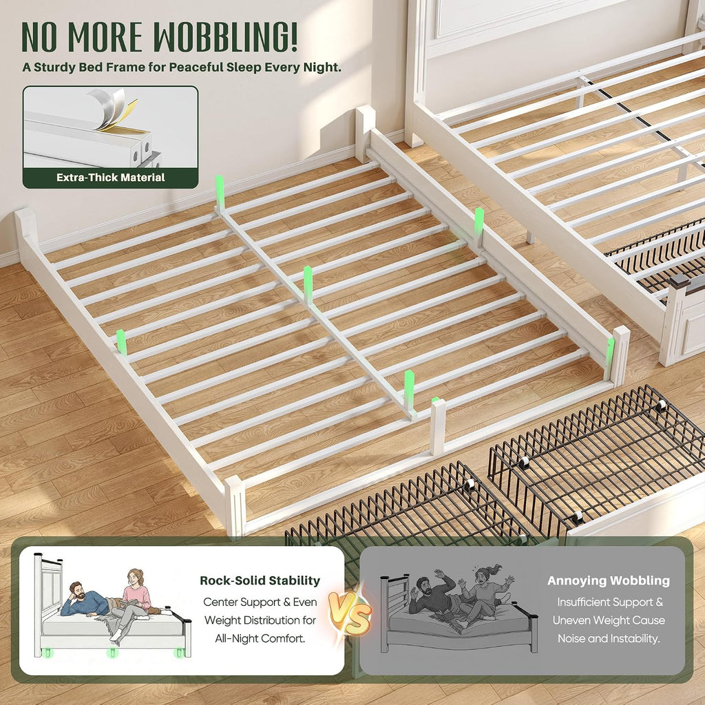 Homkdom Farmhouse King Size Bed Frame, 51' Tall King Bed Frame and Headboard, Bed Frame with 2 Storage Drawers, No Box Spring Needed, White