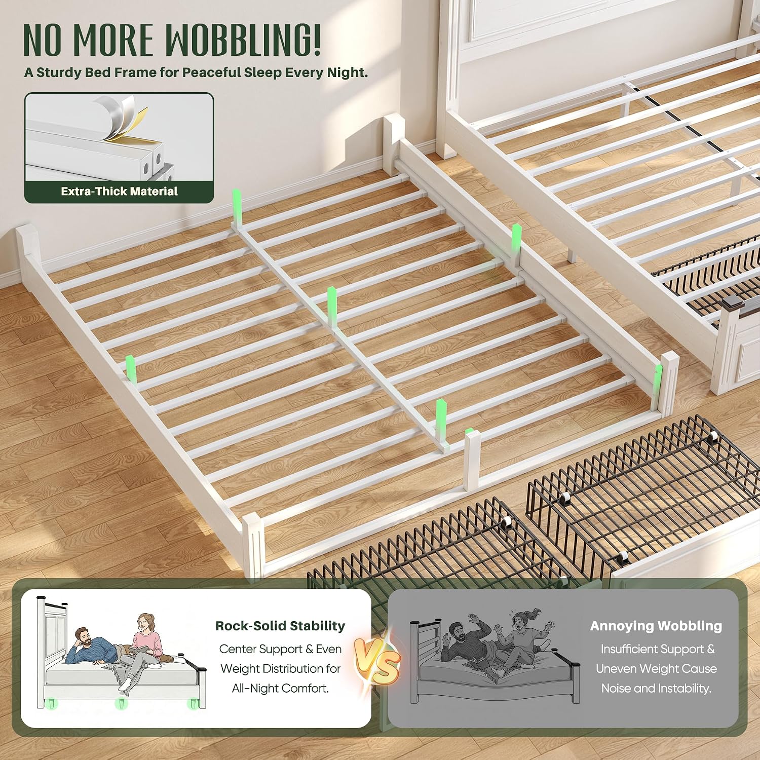 Homkdom Farmhouse King Size Bed Frame, 51' Tall King Bed Frame and Headboard, Bed Frame with 2 Storage Drawers, No Box Spring Needed, White